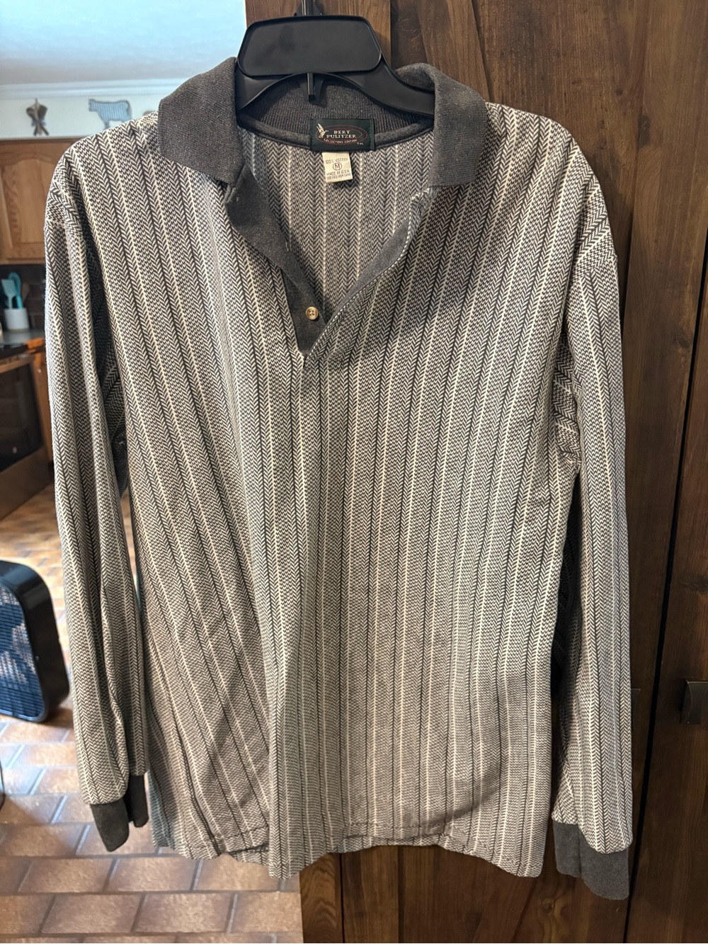 Men's Long-Sleeve Grey Stripe Polo Shirt